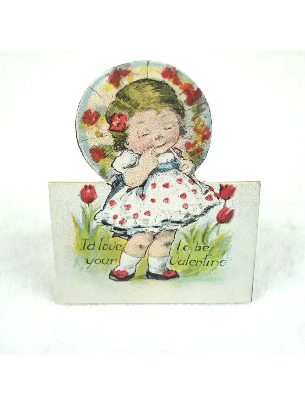 Vintage Valentine Cutout Card Stand Up Blonde Girl Parasol Red 1920-30s UNSIGNED
